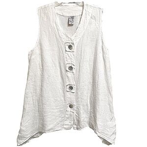 La Fixsun White Linen Sleeveless Front Button Tunic Adjustable Ruched Sides Sz L